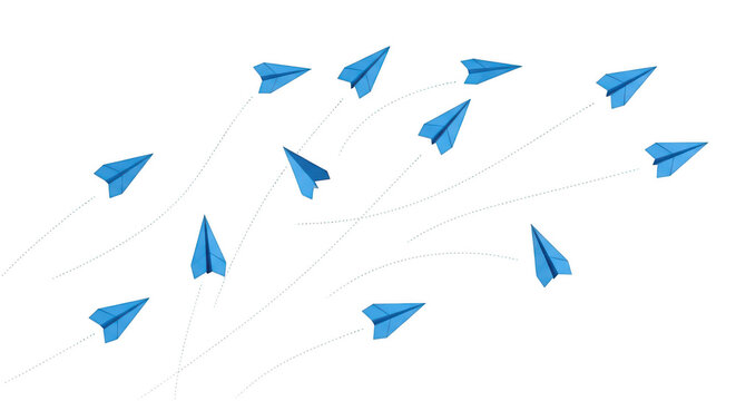 Paper airplanes scattered across a white background with a central path isolated on transparent background