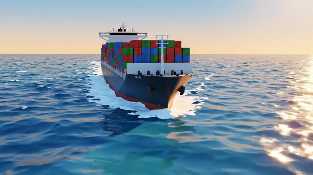 Cargo ship container vessel at sea at sunset moving swiftly for global shipping and international trade business and export