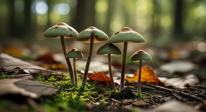 Enchanting Forest Floor: Cluster of Delicate Green-Capped Mushrooms on Moss Amidst Fallen Autumn Leaves