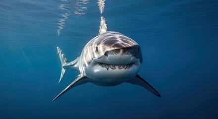 Fototapeta premium Great white shark ascending a powerful underwater encounter with a majestic predator in its natural habitat