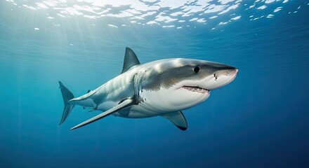 Obraz premium Majestic great white shark glides through azure waters a powerful predator in its natural habitat