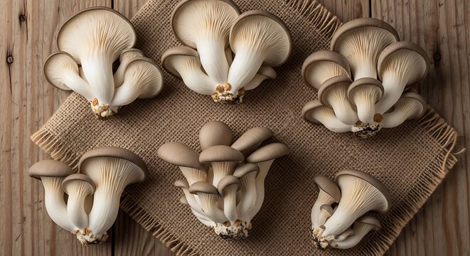 Fresh Oyster Mushrooms Arranged on Rustic Burlap and Wooden Background, Top View of Raw Pleurotus Ostreatus Fungi Clusters for Culinary Use