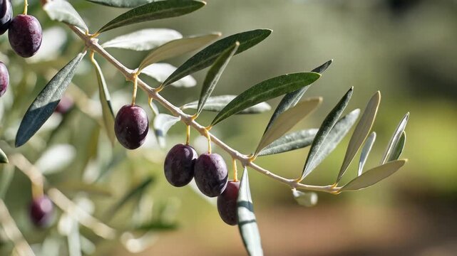 Closeup of ripe olives hanging from a branch with green leaves.