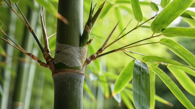 Closeup of a Lush Bamboo Stalk with Green Leaves in a Forest.