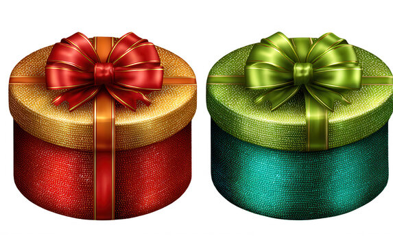 Duas caixas de presente redondas e festivas, uma vermelha com la&ccedil;o dourado e outra verde, simbolizando celebra&ccedil;&atilde;o e alegria.