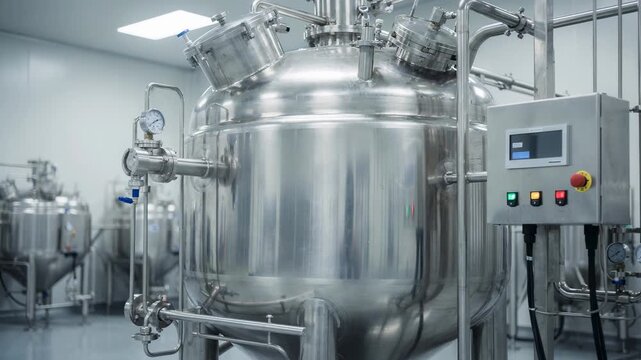Medium shot of a stainless steel bioreactor with visible control panels showing industrialscale cell cultivation for producing pharmaceutical biological substances.