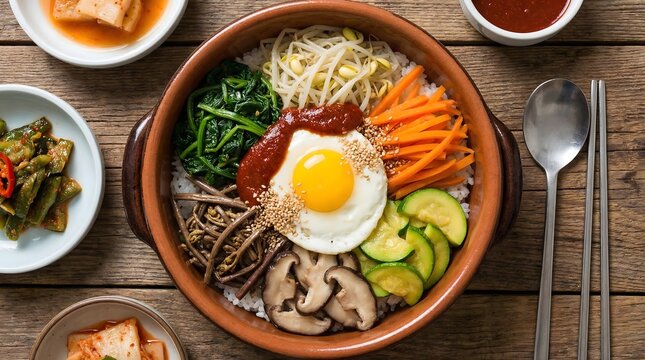 Vibrant and delicious Korean bibimbap served in a traditional stone bowl with side dishes on a rustic wooden table.