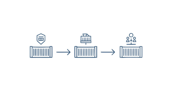 Conceptual Illustration of Containerization Process with Icons on White.