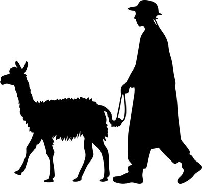 Traditional Andean Herder Walking with an Alpaca Silhouette Isolated on White