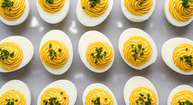 A perfectly arranged, top-down view of numerous delicious deviled eggs garnished with fresh chives, laid out on a light grey surface.