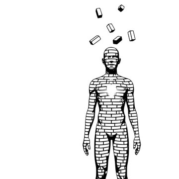 Man made of bricks with falling blocks and an illuminated chest void, symbolizing vulnerability, breakdown, inner light, and emotional fragility