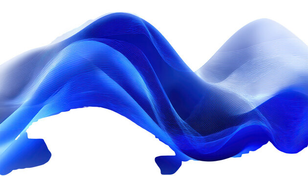 Composi&ccedil;&atilde;o abstrata din&acirc;mica com ondas fluidas em tons de azul profundo e claro, evocando movimento e serenidade sobre um fundo branco puro.