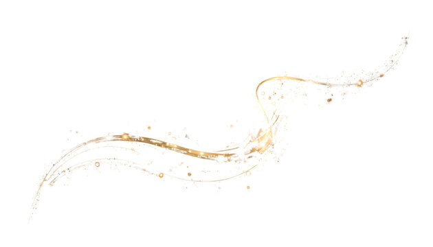 Redemoinho dourado cintilante de part&iacute;culas finas em movimento gracioso, criando um efeito m&aacute;gico e luxuoso sobre fundo branco.