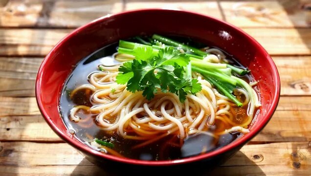 Delicious bowl of noodles with greens.