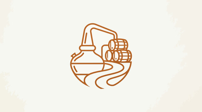 Minimalist Distillery Logo with Still Barrels and Stream