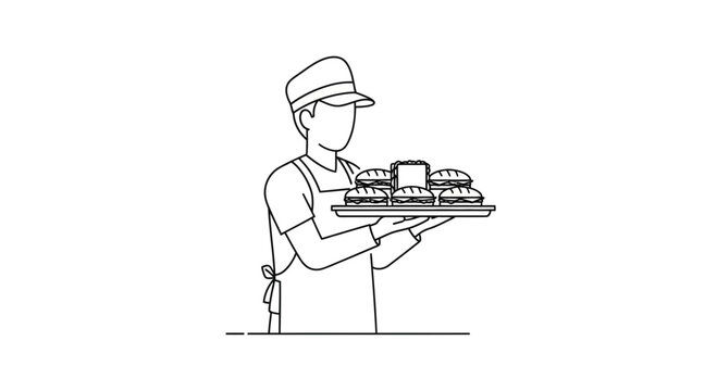 Fast food worker holding tray with burgers and fries, line art illustration