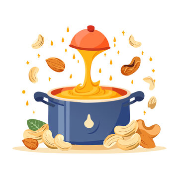 Cooking pot with steaming soup for healthy meal preparation and restaurant kitchen menu design elements - Vector Illustration