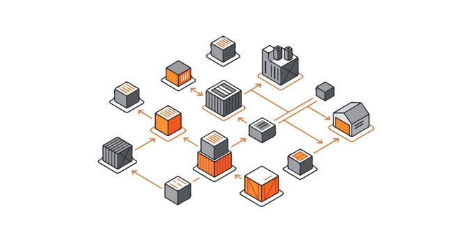 This isometric illustration shows a complex network of industrial buildings, shipping containers, and crates connected by directional orange arrows.