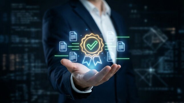 A businessman in a suit holds out his open palm, featuring a glowing golden quality certification badge with a green checkmark.