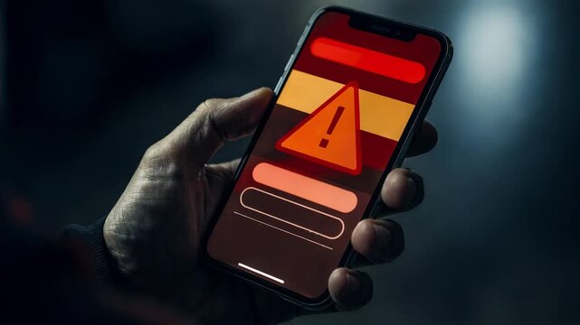 Mobile device in hand with main focus on an urgent fraud alert SMS featuring quick action buttons blurred surroundings create a dramatic effect.