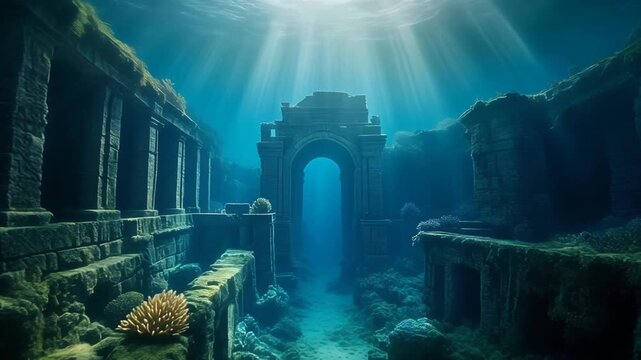 Underwater ancient ruins temple light rays mystical ocean scene