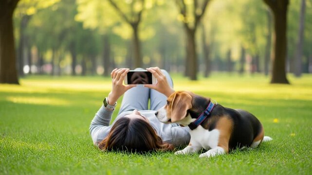 A woman lies on grassy field taking photo with phone and accompanied by a dog