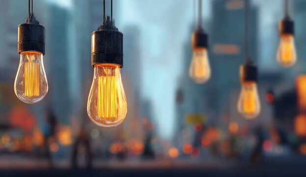 Artistic composition of glowing incandescent light bulbs with warm amber tones, textured glass surfaces, and black sockets hanging in a contemporary setting