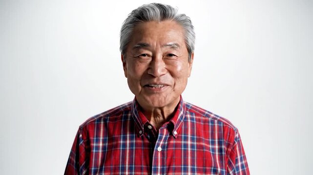 A smiling elderly man with gray hair wearing a red plaid shirt and dark pants stands against a white background, looking directly at the camera