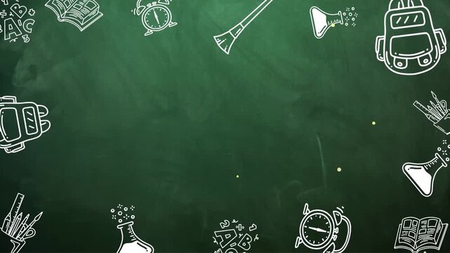 Back to school green board features doodles of books and school supplies with a green background