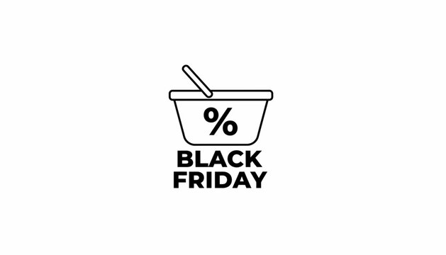Black Friday Shopping Basket Icon with Percentage Sign and Sale Text