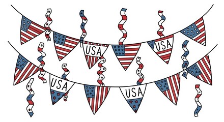 Fototapeta premium Festive American Flag Bunting and Red, White, and Blue Streamers for National Celebrations