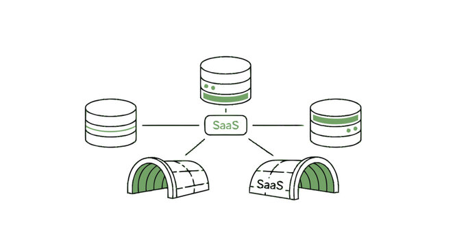 Conceptual Illustration of SaaS Architecture with Data Storage and Servers.