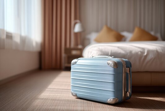 Blue hard-shell suitcase with textured surface and wheels placed on a wooden floor in front of a bed in a hotel room