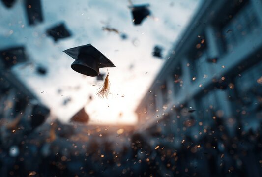 Blurred view of an open university or school building with multiple graduation caps in mid-air, warm sunset lighting, and dynamic motion effect