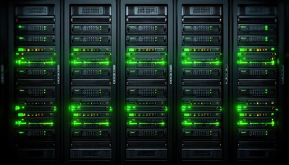 Fototapeta premium A server rack with glowing green led lights in a data center, showcasing electronic equipment and digital infrastructure