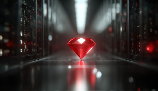 Bright red gemstone with a faceted, polished surface resting on a reflective surface in a high-tech environment