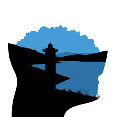Obraz premium Mind's Eye: A stylized silhouette of a head frames a tranquil scene, a reservoir and observation tower, symbolizing thought and perspective.