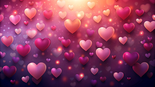 Abstract background with many pink and purple heart shapes and bokeh lights