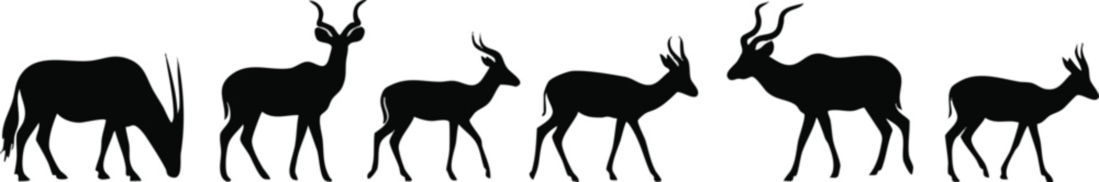 Six Diverse African Antelope Silhouettes in a Horizontal Row.