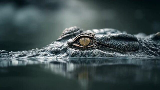 Close-up of a crocodile eye in serene water