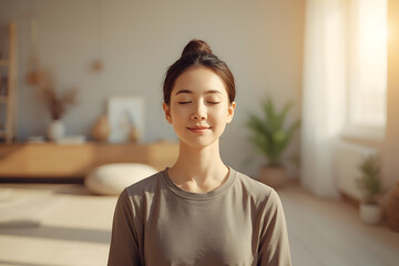 Fototapeta premium Serene young woman standing in a bright, modern living room with warm sunlight
