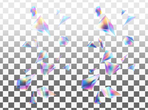 floating iridescent crystal fragments and holographic prism Transparent and opaque. shards scattered across transparent