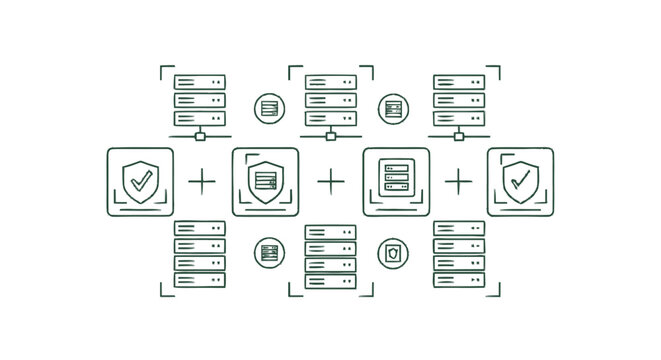 Data security and protection concept with servers and shields.