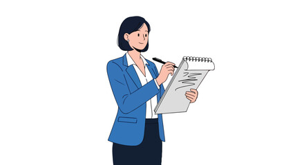 A professional woman wearing a blue blazer and white shirt stands while smiling and taking notes on a spiral notebook with a pen. © Ubay