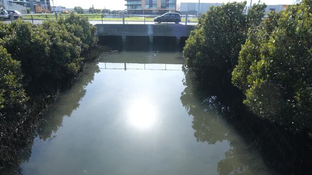 Urban drainage channel with culverts beneath a road in a suburban area in Melbourne Australia, with busy traffic passing overhead. Stormwater infrastructure, water management and runoff control.