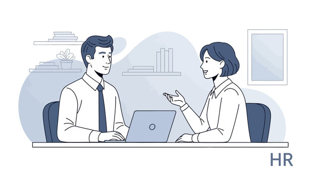 HR professional interviewing candidate in modern office with laptop and bookshelves