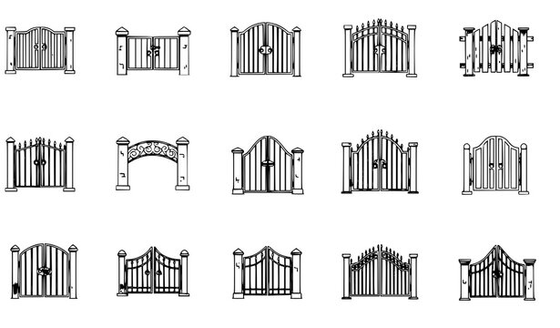 Metal fence gate cartoon icon collection entrance vector set isolated on white background