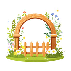 Elegant floral arch with a wooden fence and green grass for wedding ceremony backdrop and romantic garden landscape design elements in summer