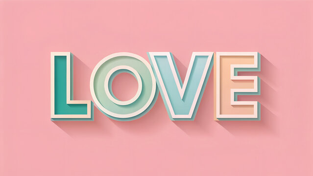 Retro 3d text effect spelling love in pastel turquoise mint and peach colors against soft pink background