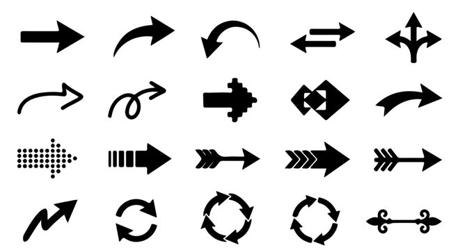 A set of black and white arrow icons in various directions and styles on a plain background